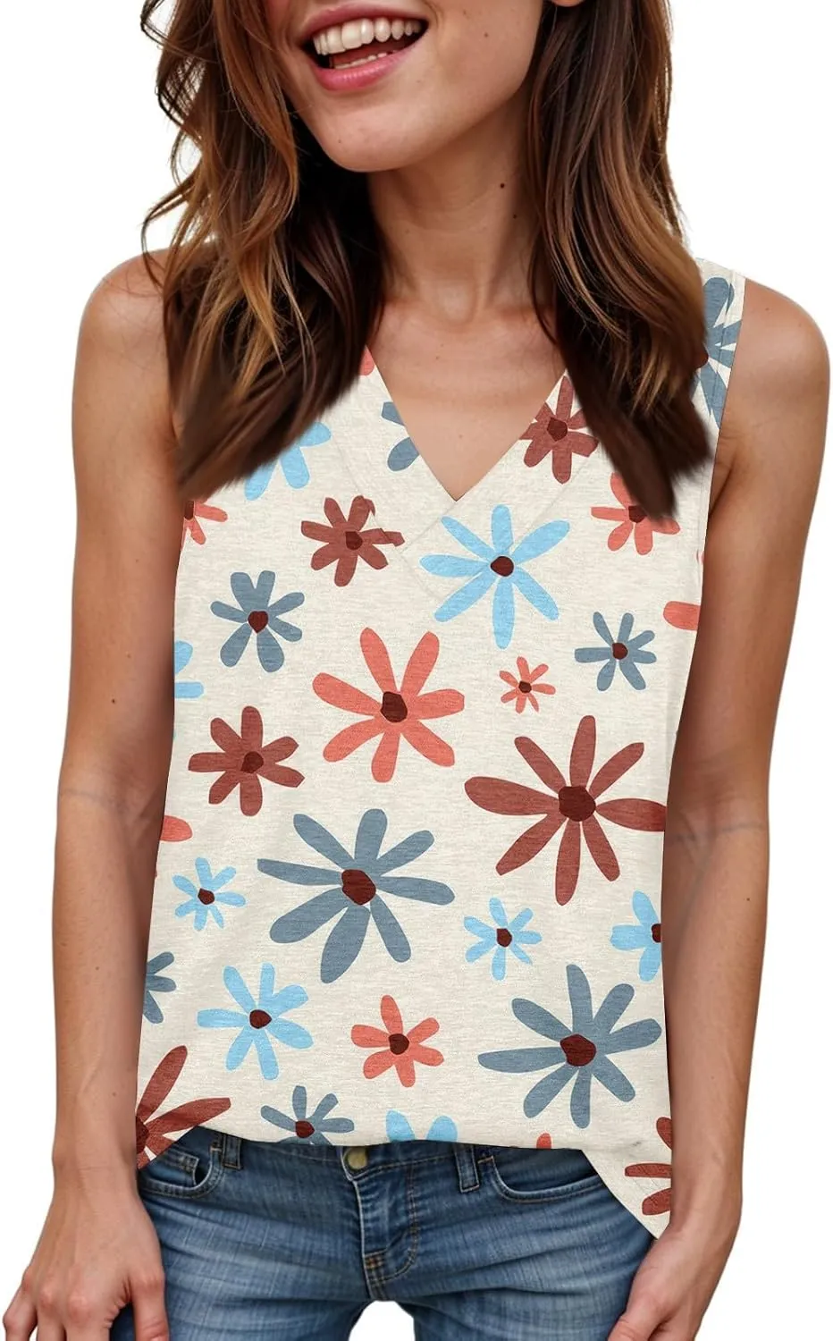 Tank Tops for Women Flowy Printed Tunic Tops V Neck Sleeveless Trendy Tank Tops Loose Fit Casual T Shirts