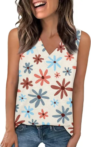 Tank Tops for Women Flowy Printed Tunic Tops V Neck Sleeveless Trendy Tank Tops Loose Fit Casual T Shirts