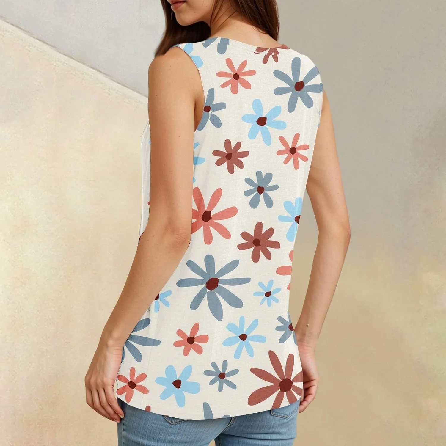 Tank Tops for Women Flowy Printed Tunic Tops V Neck Sleeveless Trendy Tank Tops Loose Fit Casual T Shirts