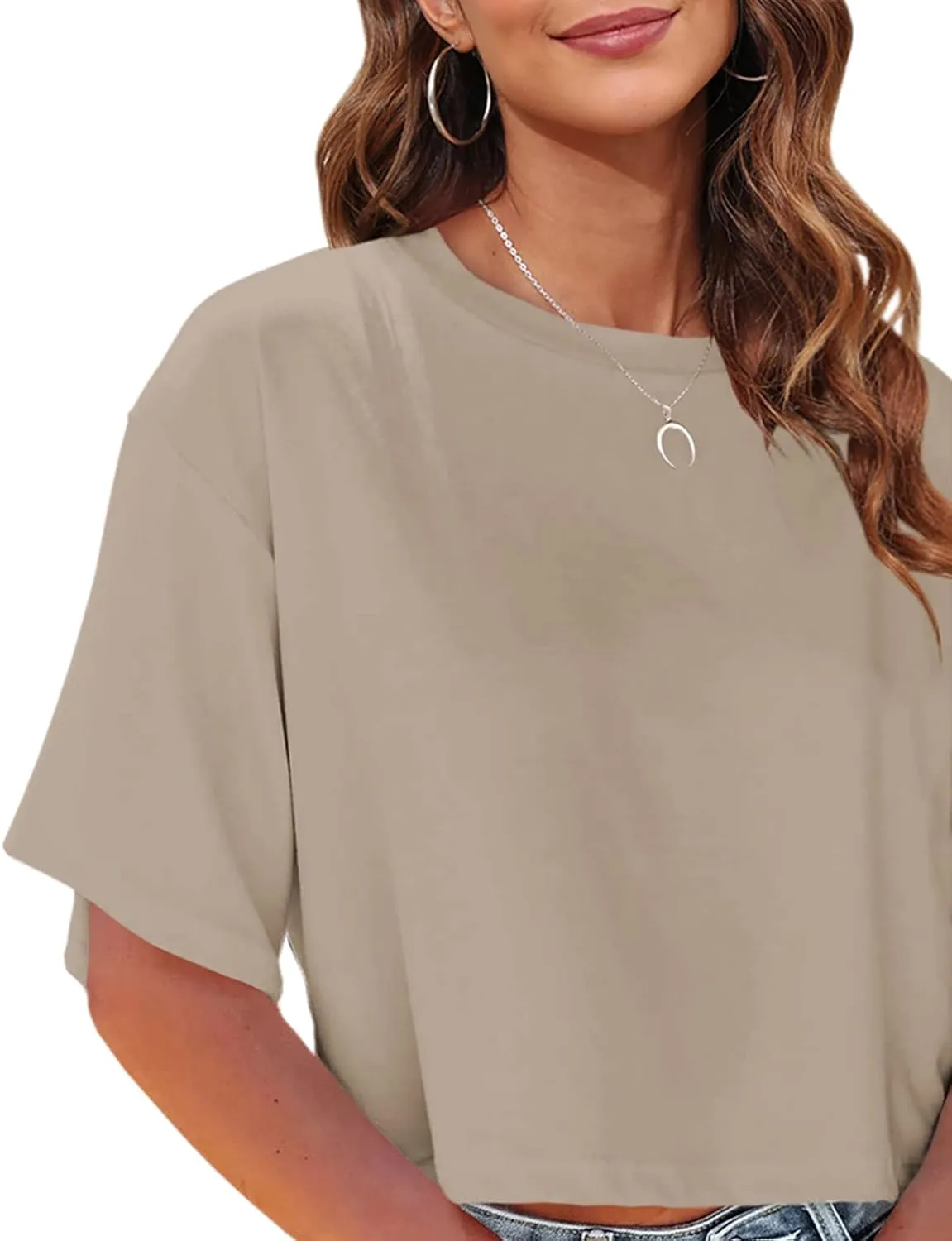 Tankaneo Women Half Sleeve Cropped T-Shirts Drop Shoulder Round Neck Crop Tops Casual Summer Solid Color Basic Tees