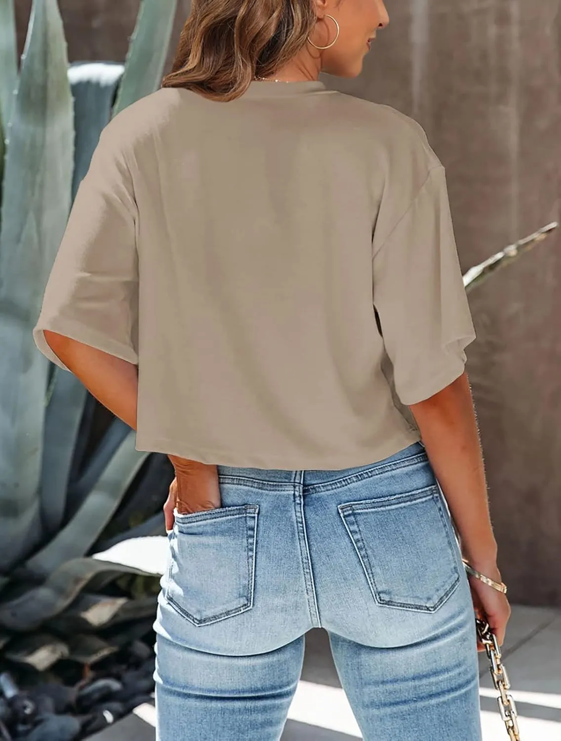 Tankaneo Women Half Sleeve Cropped T-Shirts Drop Shoulder Round Neck Crop Tops Casual Summer Solid Color Basic Tees