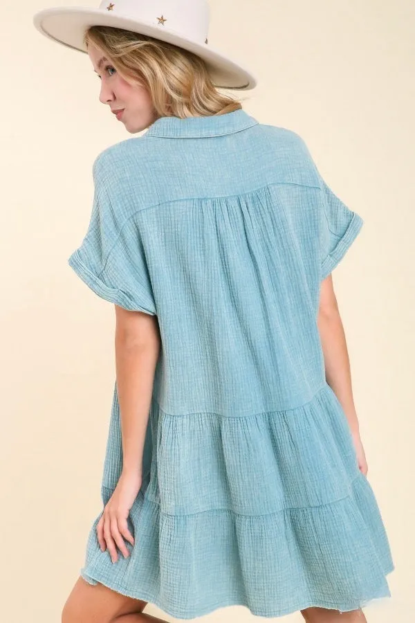 Umgee - Mineral Washed Babydoll Tiered Dress, Light Blue
