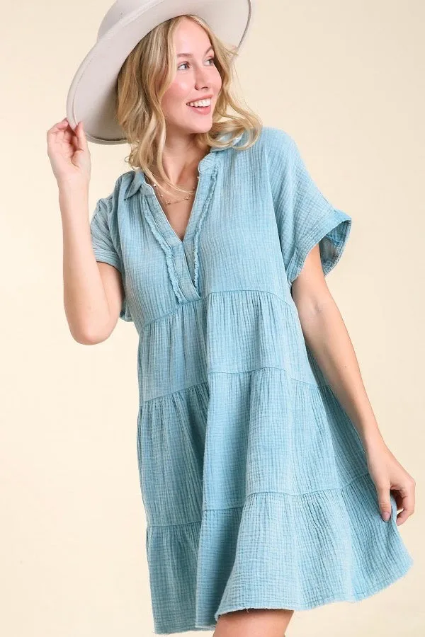 Umgee - Mineral Washed Babydoll Tiered Dress, Light Blue