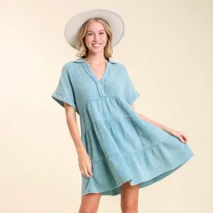 Umgee - Mineral Washed Babydoll Tiered Dress, Light Blue