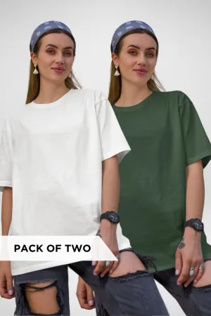White and Bottle Green Oversized T-Shirts Combo for Women
