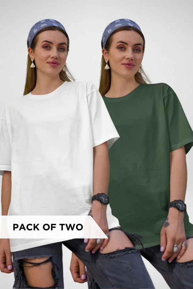 White and Bottle Green Oversized T-Shirts Combo for Women