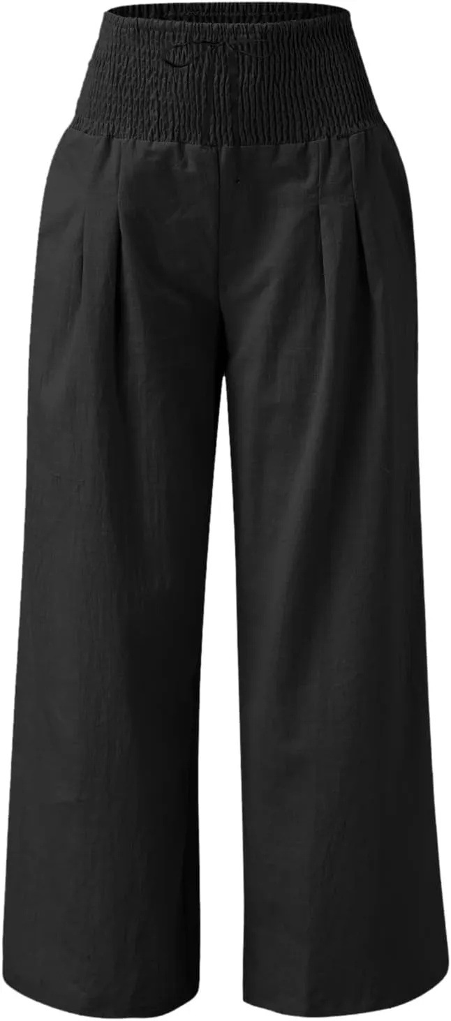 Wide Leg Linen Pants Women Summer High Waisted Boho Beach Flowy Pant Casual Vacation Outfits Elastic Lounge Trousers