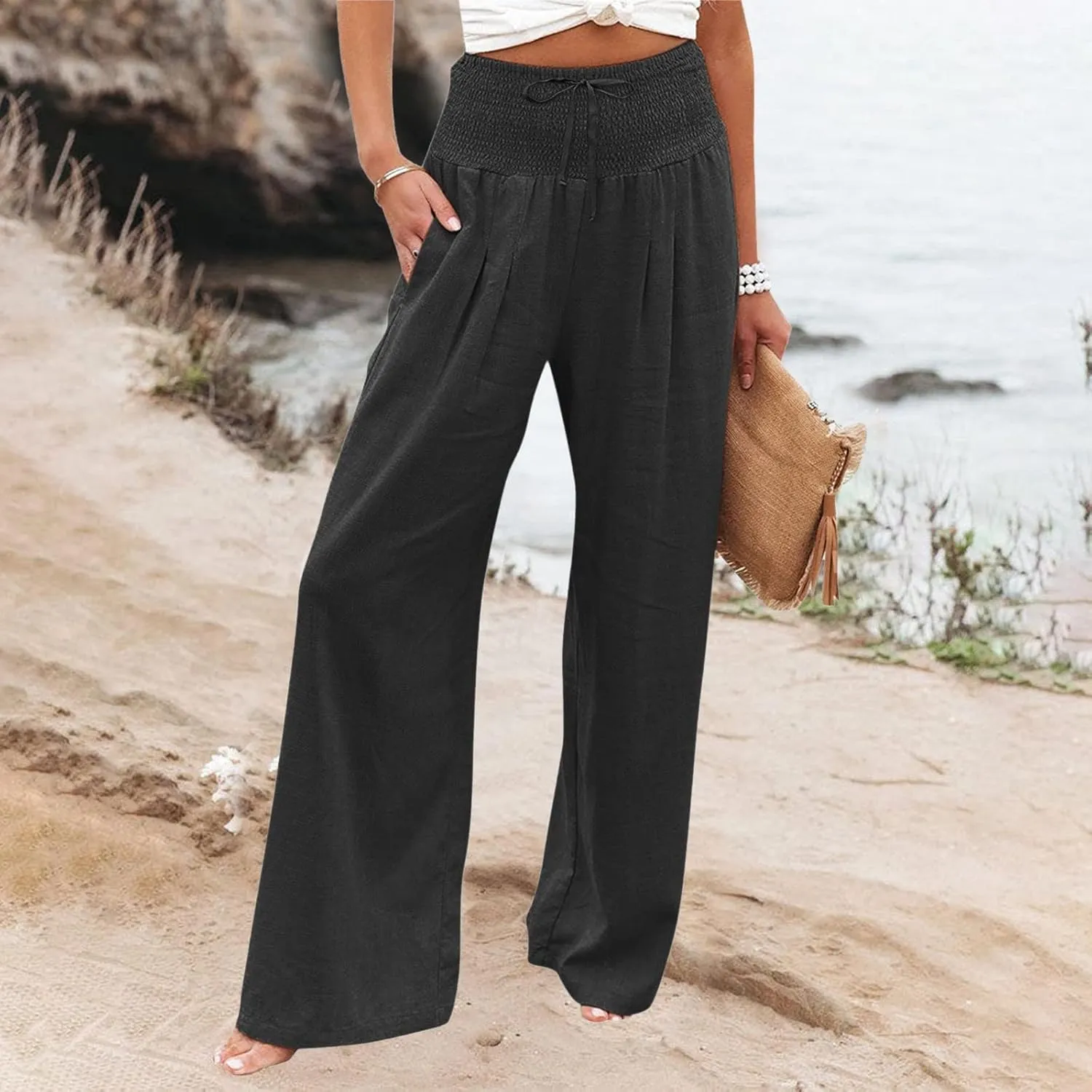 Wide Leg Linen Pants Women Summer High Waisted Boho Beach Flowy Pant Casual Vacation Outfits Elastic Lounge Trousers