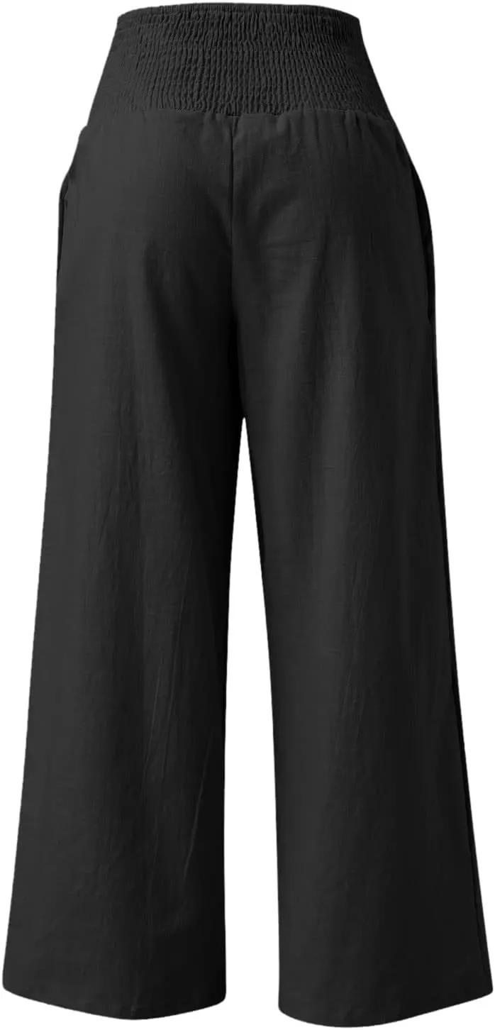 Wide Leg Linen Pants Women Summer High Waisted Boho Beach Flowy Pant Casual Vacation Outfits Elastic Lounge Trousers
