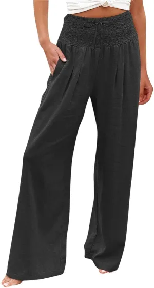 Wide Leg Linen Pants Women Summer High Waisted Boho Beach Flowy Pant Casual Vacation Outfits Elastic Lounge Trousers