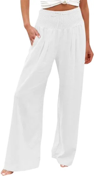 Wide Leg Linen Pants Women Summer High Waisted Boho Beach Flowy Pant Casual Vacation Outfits Elastic Lounge Trousers