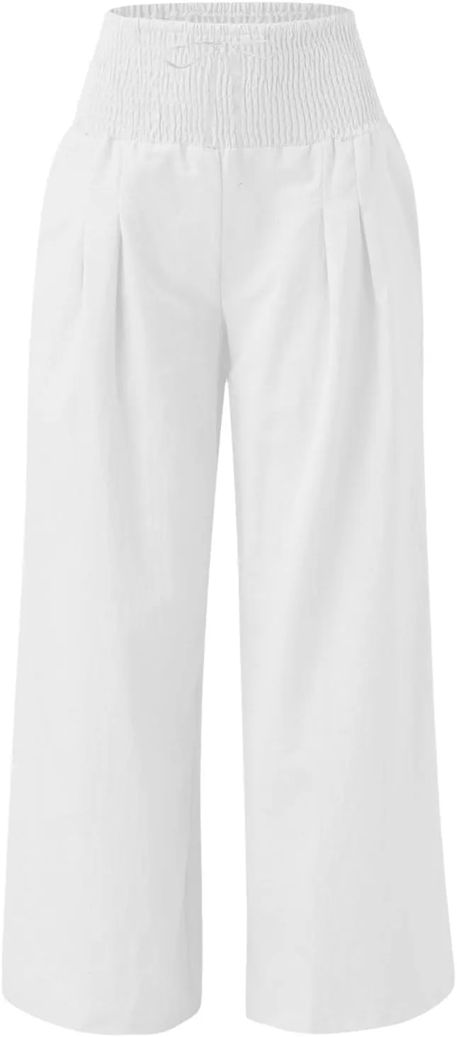 Wide Leg Linen Pants Women Summer High Waisted Boho Beach Flowy Pant Casual Vacation Outfits Elastic Lounge Trousers