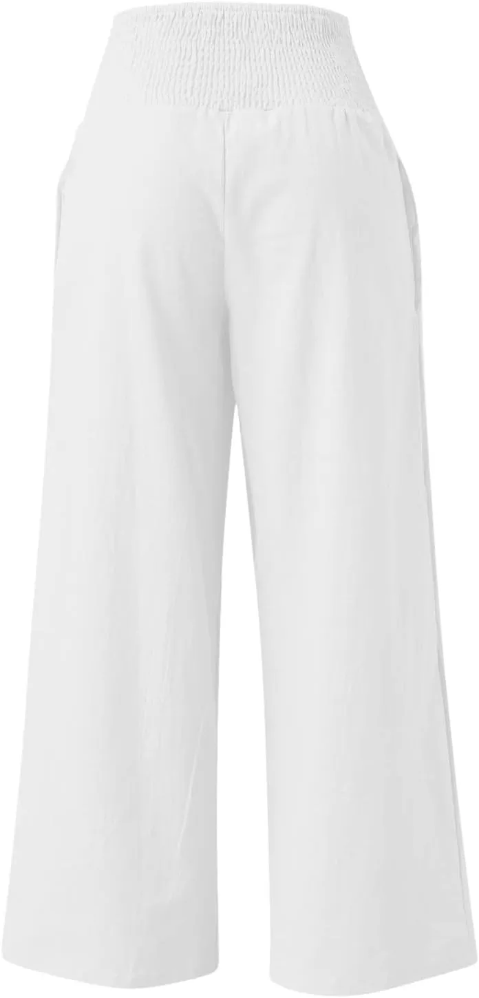 Wide Leg Linen Pants Women Summer High Waisted Boho Beach Flowy Pant Casual Vacation Outfits Elastic Lounge Trousers