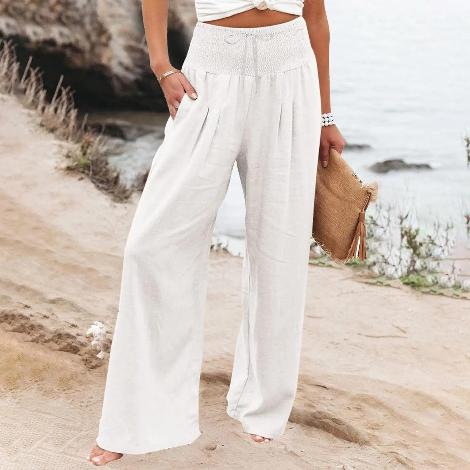 Wide Leg Linen Pants Women Summer High Waisted Boho Beach Flowy Pant Casual Vacation Outfits Elastic Lounge Trousers