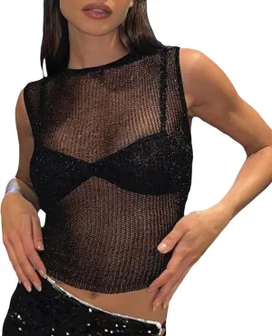Women Sheer Mesh Tank Top Sleeveless See Through Camisole Layering Undershirt Sexy Summer Y2k Going Out Cami Tops