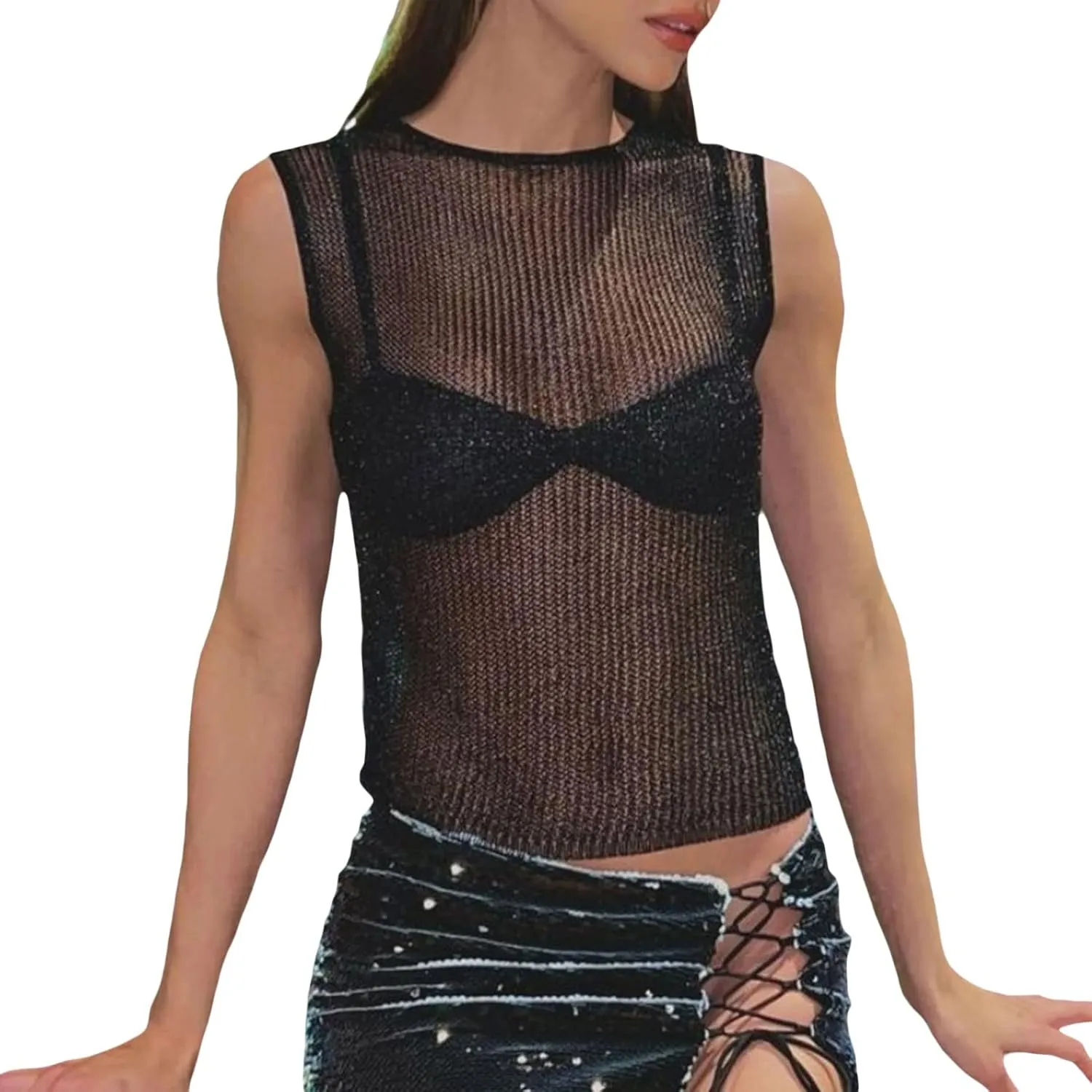 Women Sheer Mesh Tank Top Sleeveless See Through Camisole Layering Undershirt Sexy Summer Y2k Going Out Cami Tops