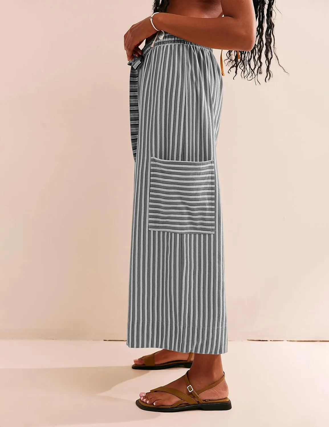 Women Striped High Waist Wide Leg Palazzo Pants Trousers Drawstring Cropped Pants with Pockets Capris Pants