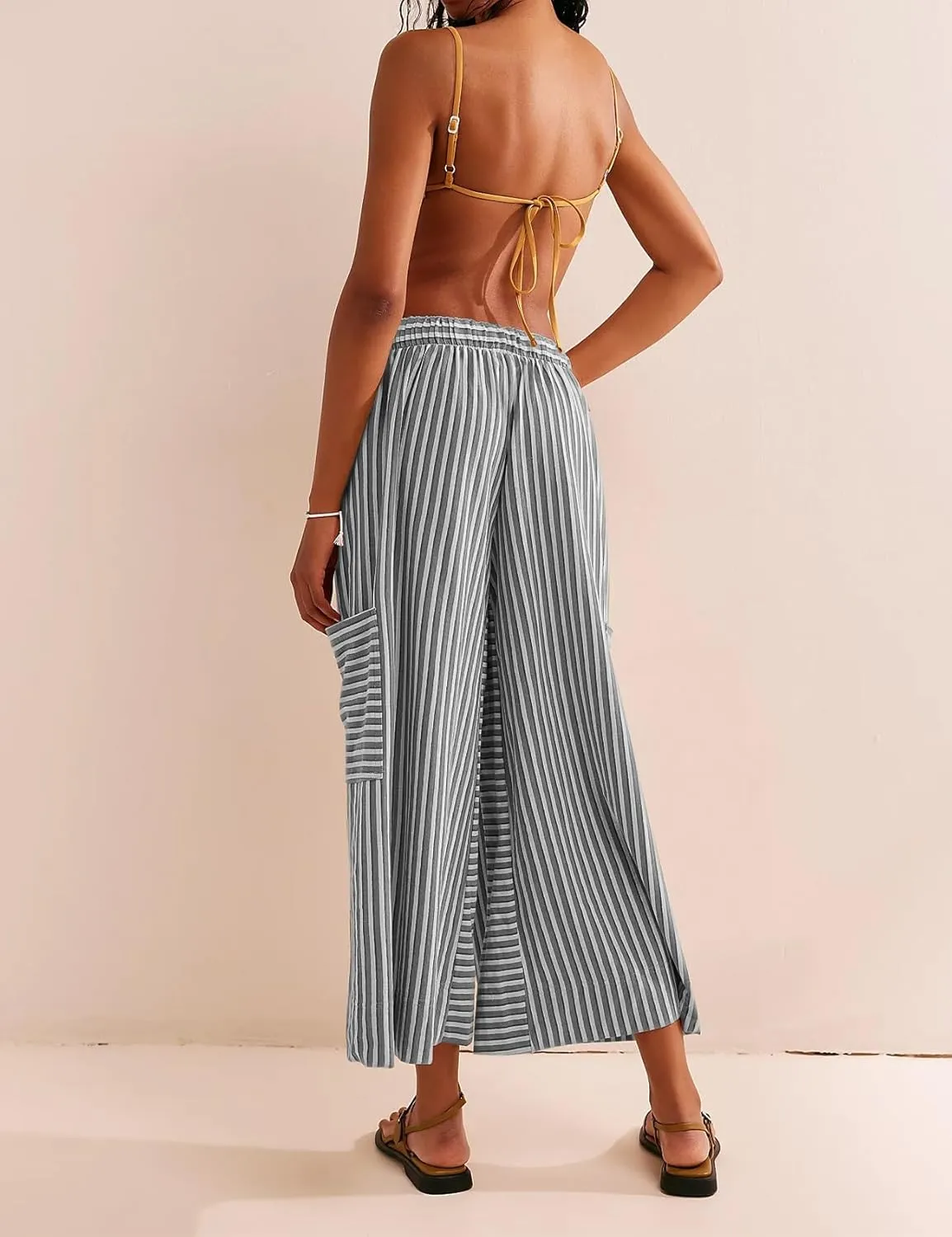 Women Striped High Waist Wide Leg Palazzo Pants Trousers Drawstring Cropped Pants with Pockets Capris Pants