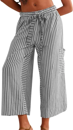 Women Striped High Waist Wide Leg Palazzo Pants Trousers Drawstring Cropped Pants with Pockets Capris Pants