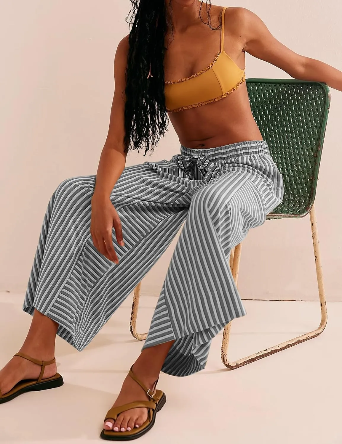 Women Striped High Waist Wide Leg Palazzo Pants Trousers Drawstring Cropped Pants with Pockets Capris Pants