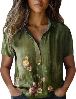 Womens Boho Flower Cotton Linen Shirt V Neck Button Down Short Sleeve Blouse Tops 2025 Dressy Summer Shirts for Women
