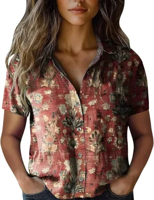 Womens Boho Flower Cotton Linen Shirt V Neck Button Down Short Sleeve Blouse Tops 2025 Dressy Summer Shirts for Women