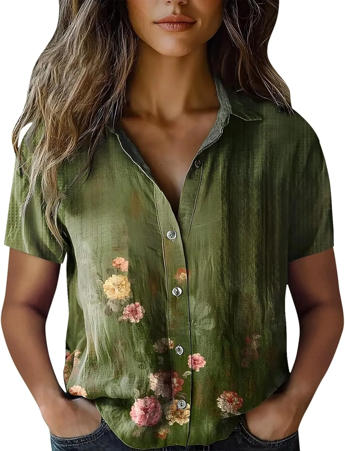 Womens Boho Flower Cotton Linen Shirt V Neck Button Down Short Sleeve Blouse Tops 2025 Dressy Summer Shirts for Women