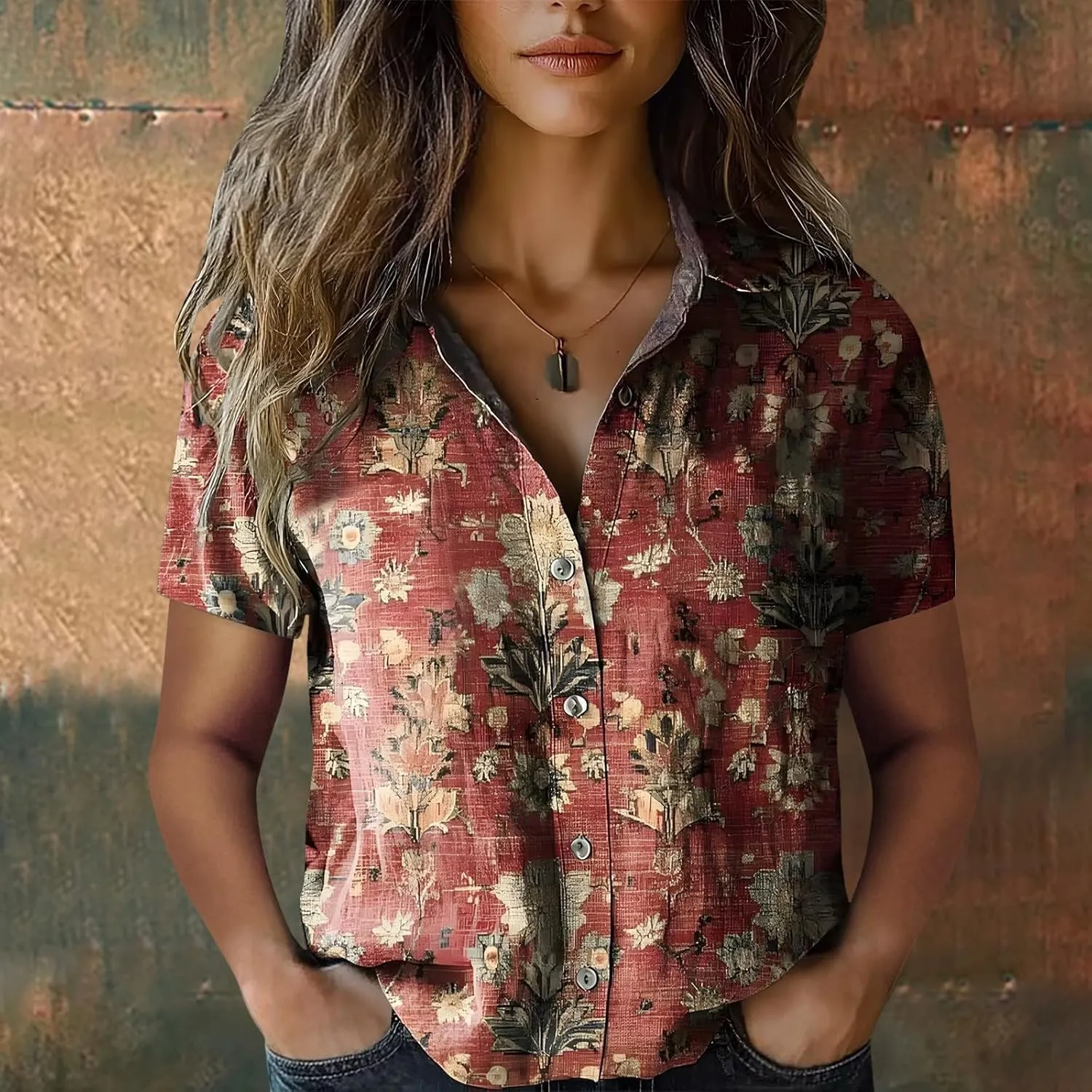 Womens Boho Flower Cotton Linen Shirt V Neck Button Down Short Sleeve Blouse Tops 2025 Dressy Summer Shirts for Women