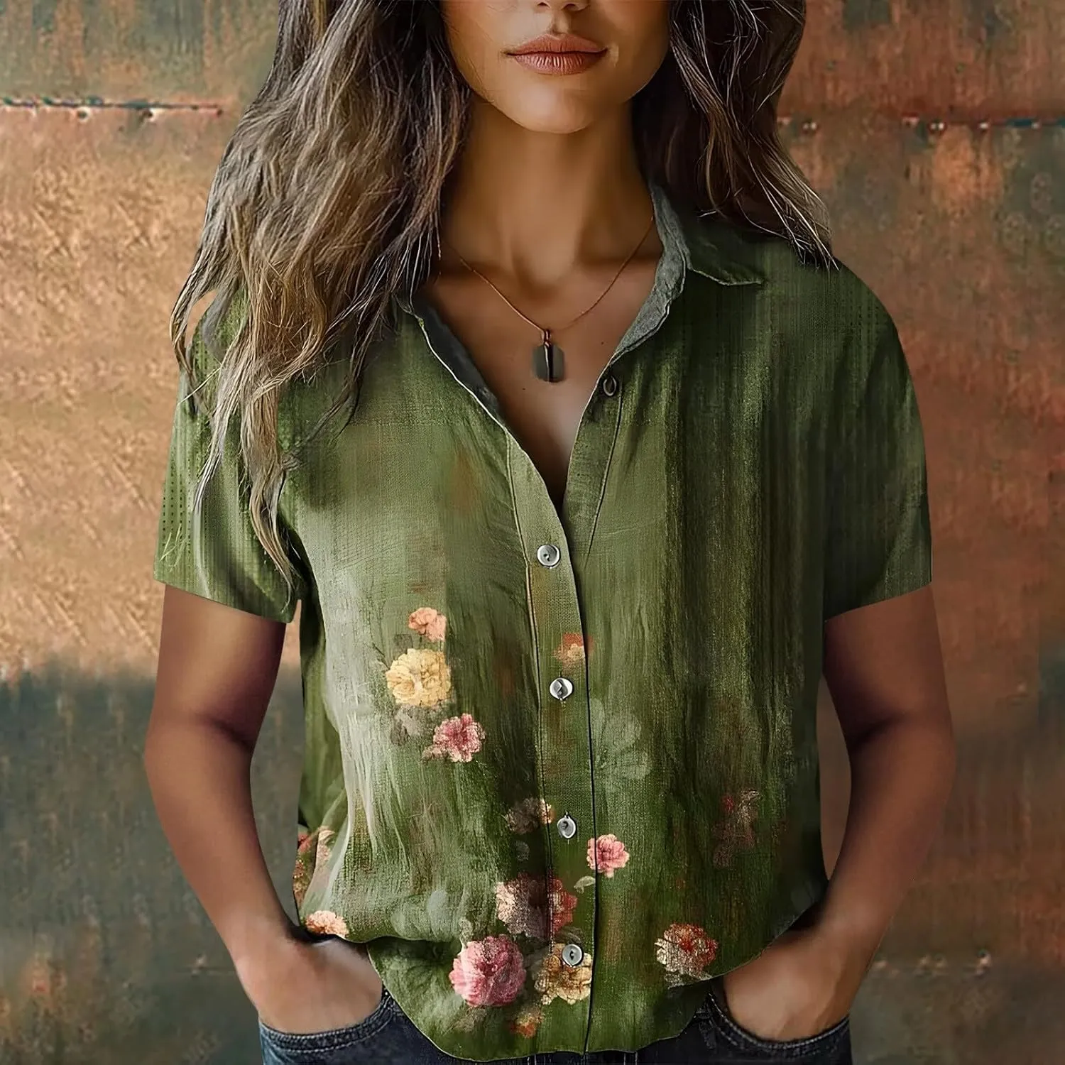 Womens Boho Flower Cotton Linen Shirt V Neck Button Down Short Sleeve Blouse Tops 2025 Dressy Summer Shirts for Women