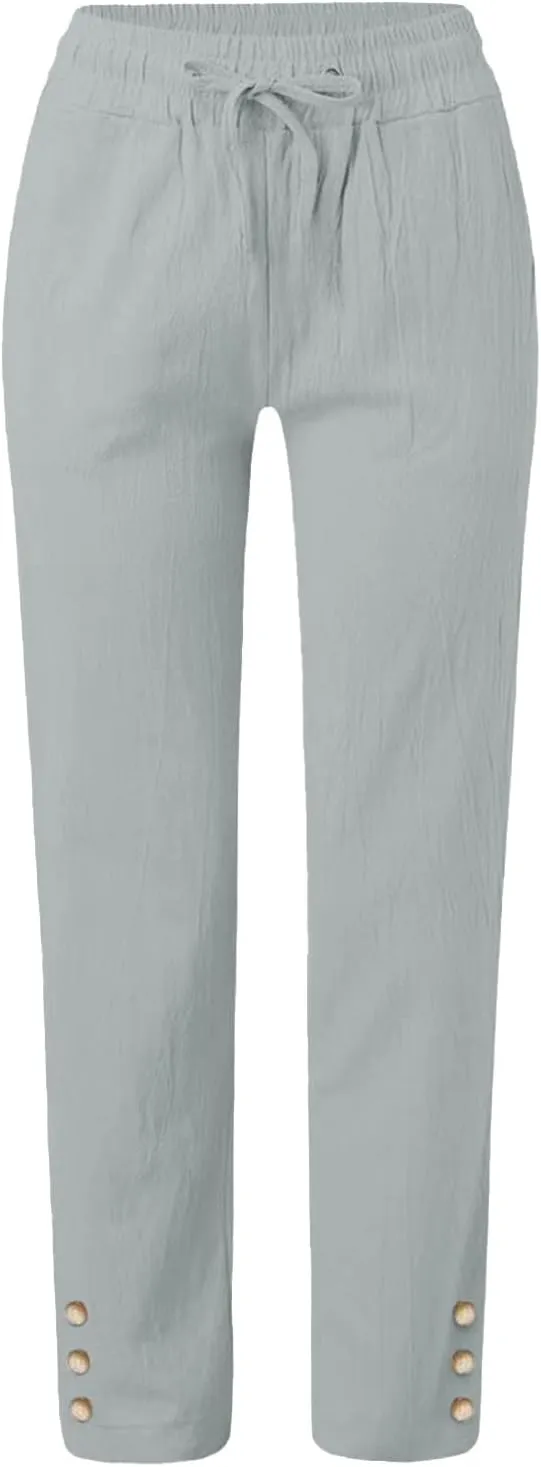 Womens Casual Cotton Linen Pants Lightweight Summer Loose Fit Elastic Waist Plus Size Solid Lounge Long Trousers