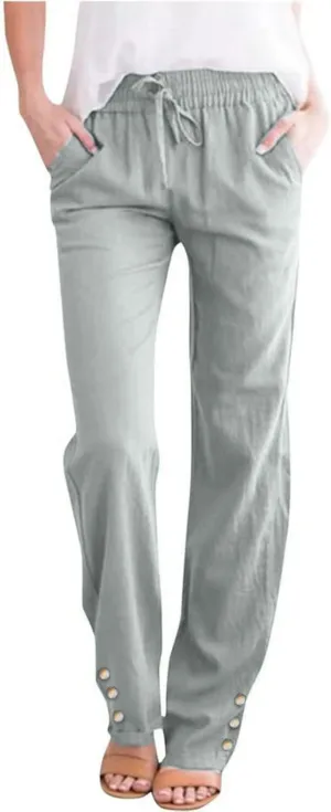 Womens Casual Cotton Linen Pants Lightweight Summer Loose Fit Elastic Waist Plus Size Solid Lounge Long Trousers