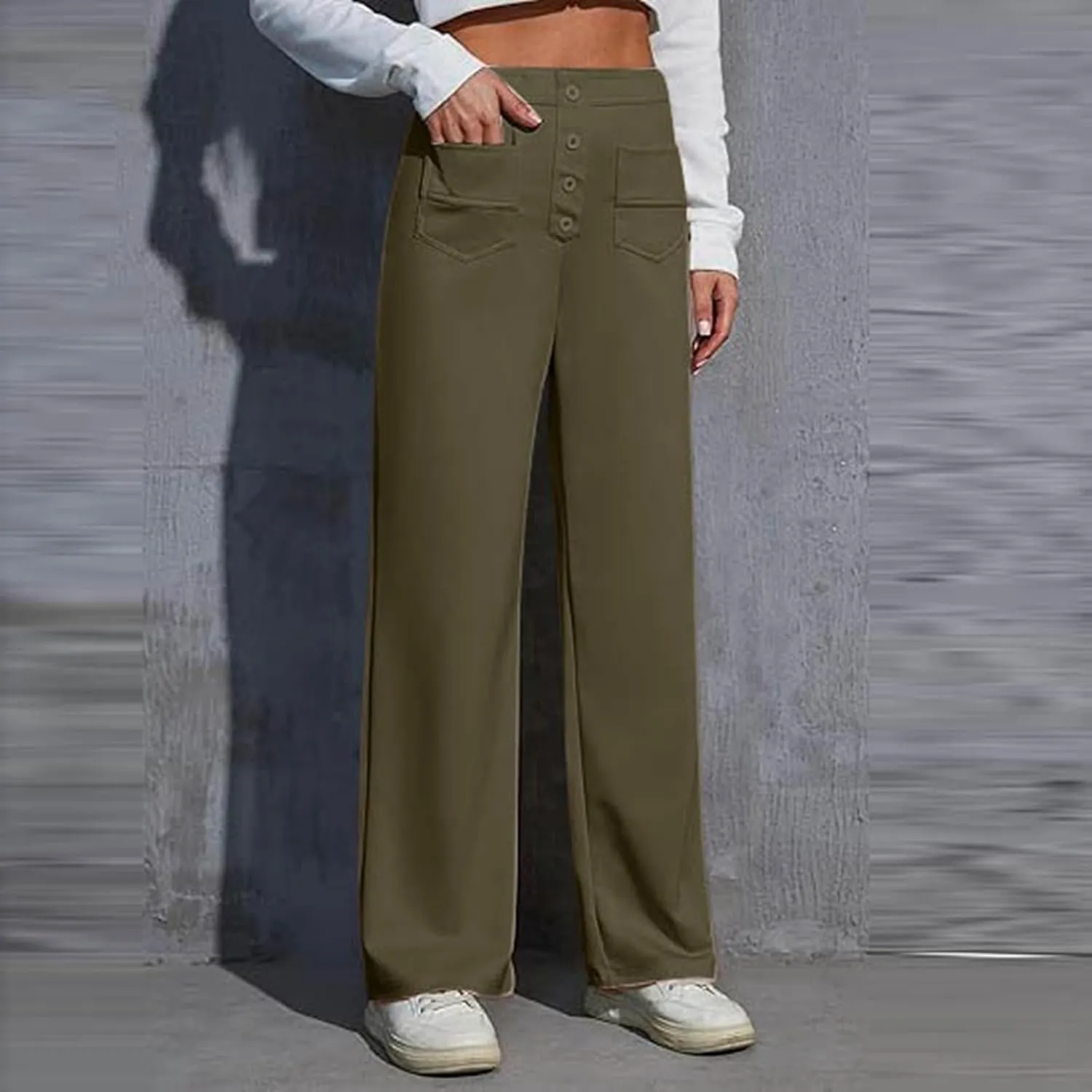 Womens Casual High Waist Straight Leg Pants Stretchy Button Business Dress Work Pocket Trousers Flat Front Slacks