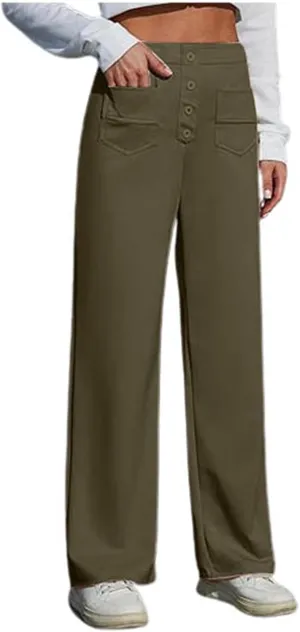 Womens Casual High Waist Straight Leg Pants Stretchy Button Business Dress Work Pocket Trousers Flat Front Slacks