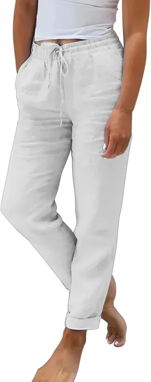 Womens Cotton Linen Pants Comfort Skinny Slim Straight Legged Lightweight Casual Trousers for Home Vacation