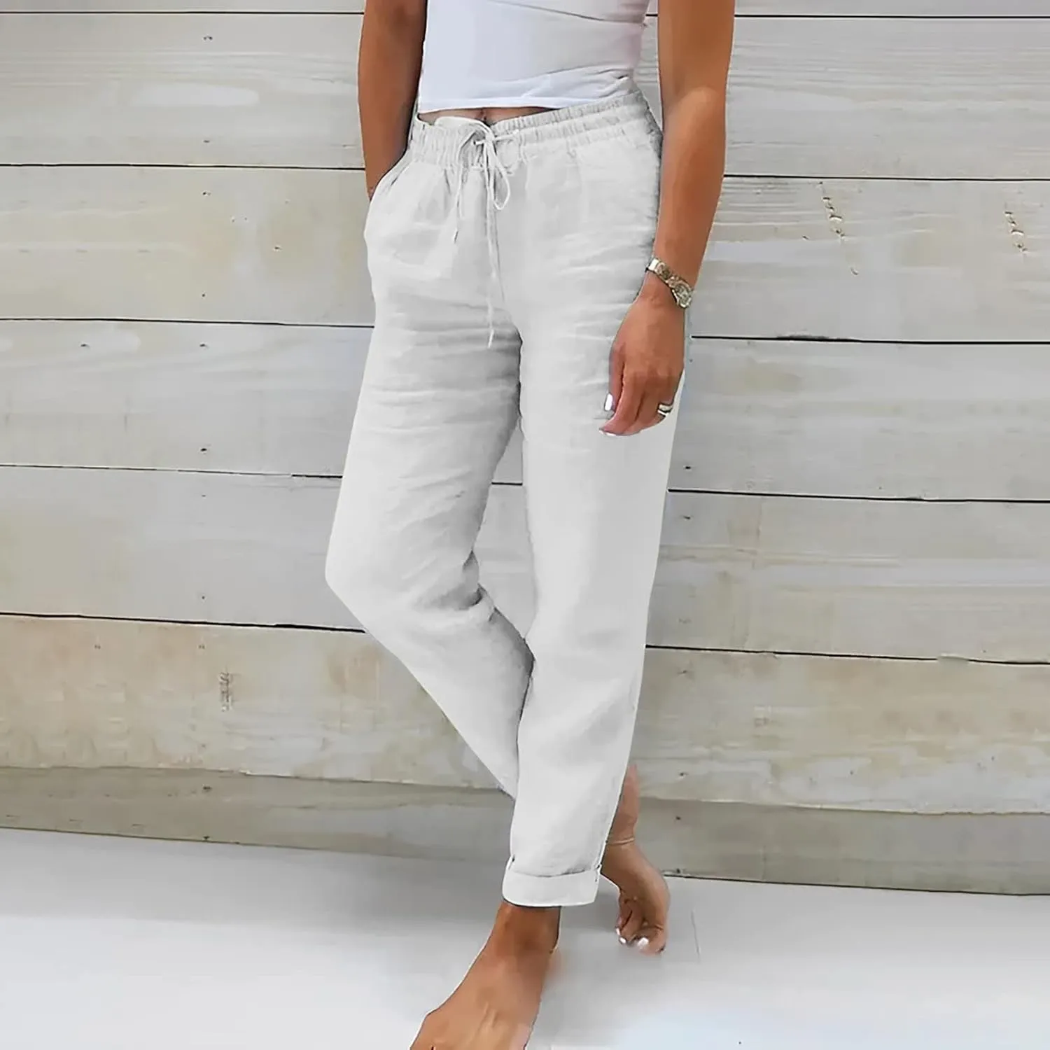 Womens Cotton Linen Pants Comfort Skinny Slim Straight Legged Lightweight Casual Trousers for Home Vacation