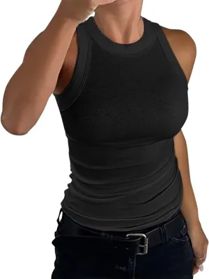 Women's Crewneck Racerback Ribbed Tank Tops Summer Basic High Neck Sleeveless Slim Fit Crop Tops 2025