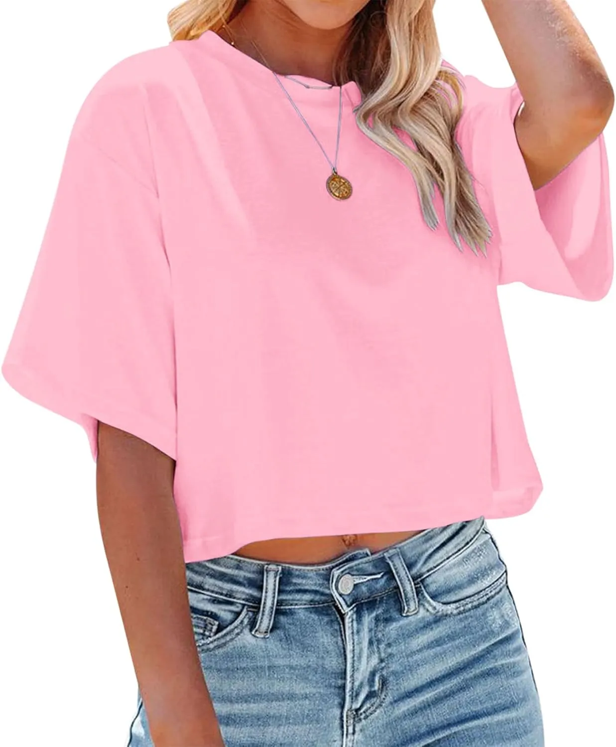 Women's Crop Tops Trendy 2025 Half Sleeve Crewneck Boxy Cropped Tee Shirts Summer Workout Tops