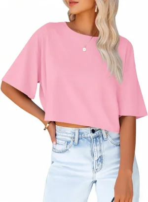 Women's Crop Tops Trendy 2025 Half Sleeve Crewneck Boxy Cropped Tee Shirts Summer Workout Tops