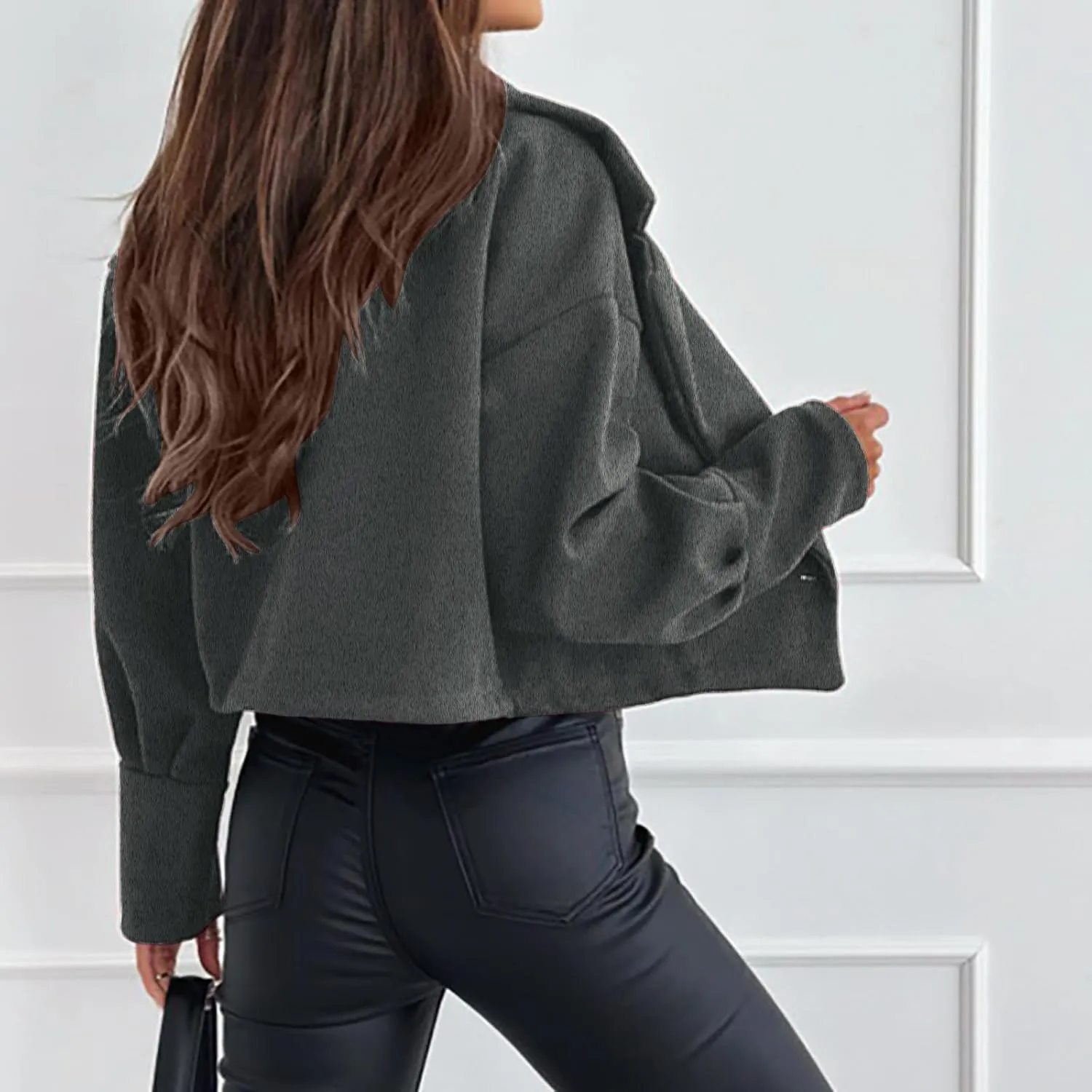 Womens Cropped Coat Wool Blend Long Sleeve Lapel Collar Solid Pea Coat Baggy Comfy Business Office Work Outerwear