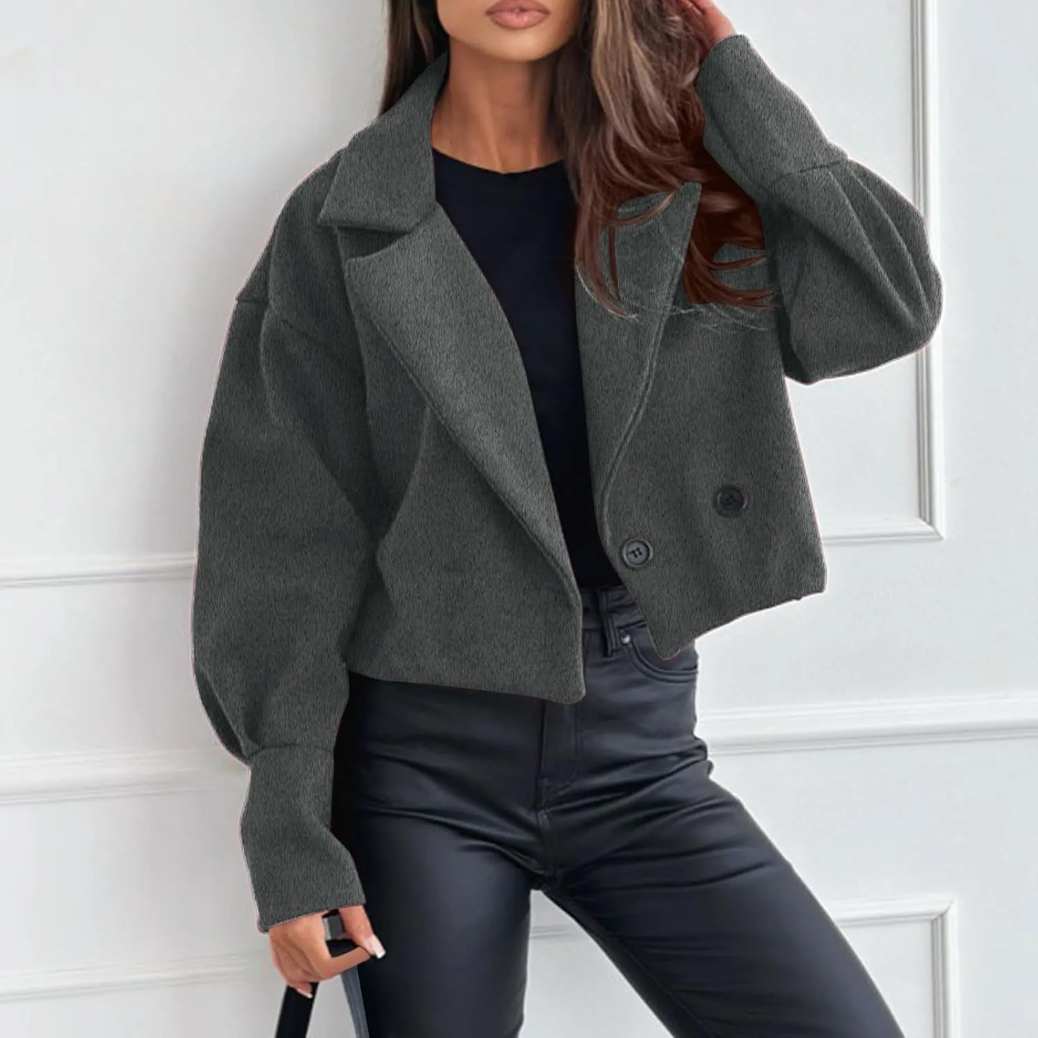 Womens Cropped Coat Wool Blend Long Sleeve Lapel Collar Solid Pea Coat Baggy Comfy Business Office Work Outerwear