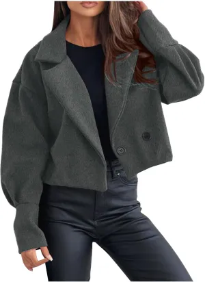 Womens Cropped Coat Wool Blend Long Sleeve Lapel Collar Solid Pea Coat Baggy Comfy Business Office Work Outerwear