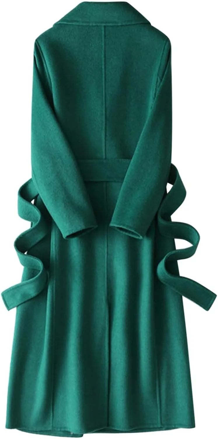 Women's Fashion Trench Coat Classic Solid Colour Lapel Long Coat Tie Slim Light Coat Autumn and Winter Warm