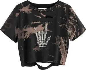 Womens Graphic Oversized Crop Tops Loose Cropped Distressed Tshirt Short-Sleeve Vintage Boxy Tee Shirts