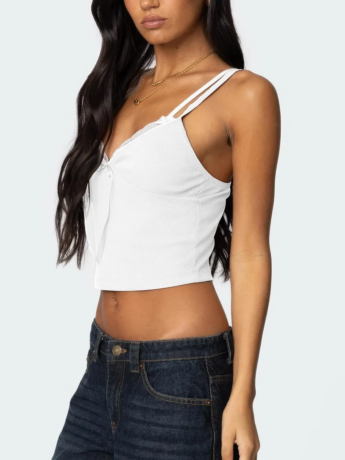 Women's Lace Bow Ribbed Spaghetti Strap Tank Top Cute V Neck Camisole Cropped Going Out Tops