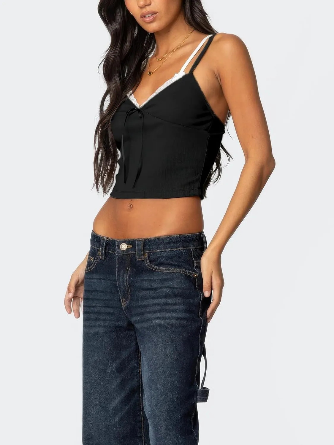 Women's Lace Bow Ribbed Spaghetti Strap Tank Top Cute V Neck Camisole Cropped Going Out Tops