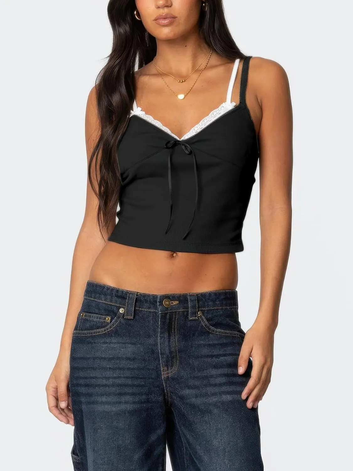 Women's Lace Bow Ribbed Spaghetti Strap Tank Top Cute V Neck Camisole Cropped Going Out Tops
