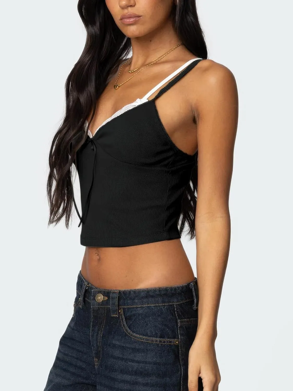 Women's Lace Bow Ribbed Spaghetti Strap Tank Top Cute V Neck Camisole Cropped Going Out Tops