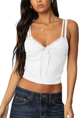 Women's Lace Bow Ribbed Spaghetti Strap Tank Top Cute V Neck Camisole Cropped Going Out Tops
