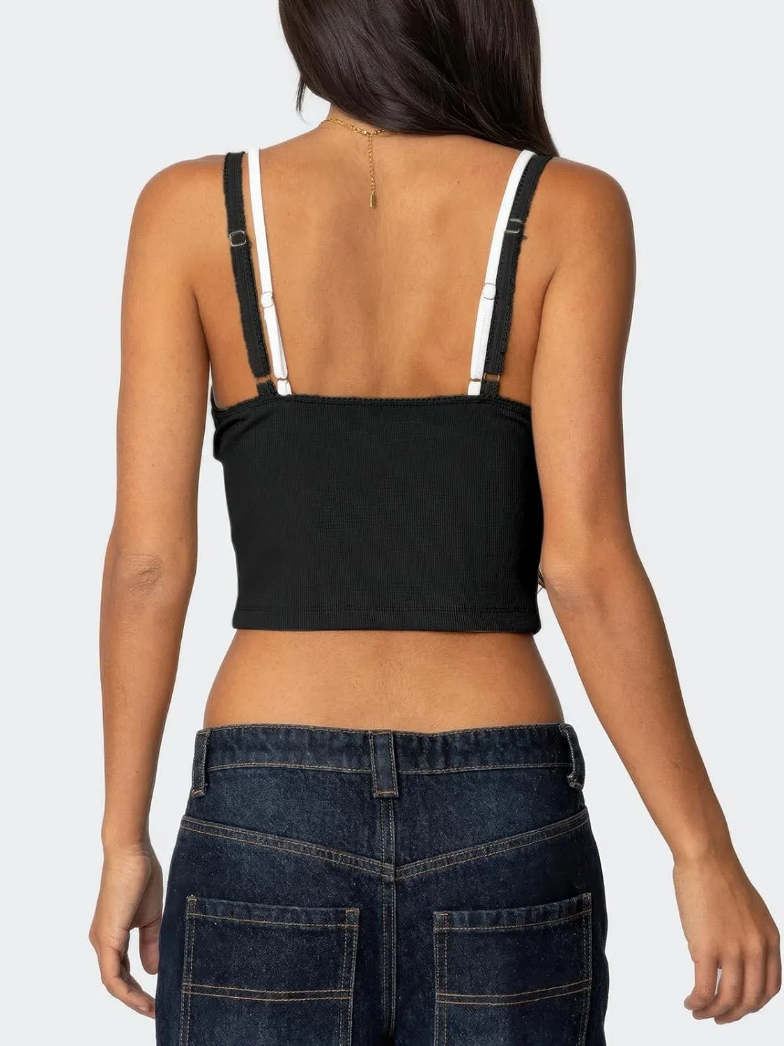 Women's Lace Bow Ribbed Spaghetti Strap Tank Top Cute V Neck Camisole Cropped Going Out Tops