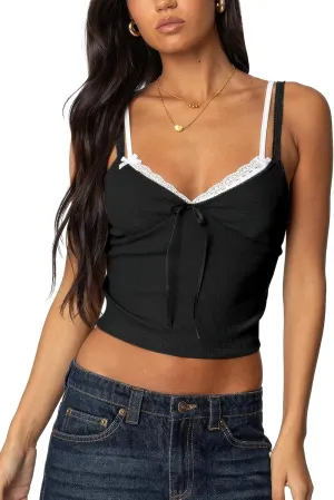 Women's Lace Bow Ribbed Spaghetti Strap Tank Top Cute V Neck Camisole Cropped Going Out Tops